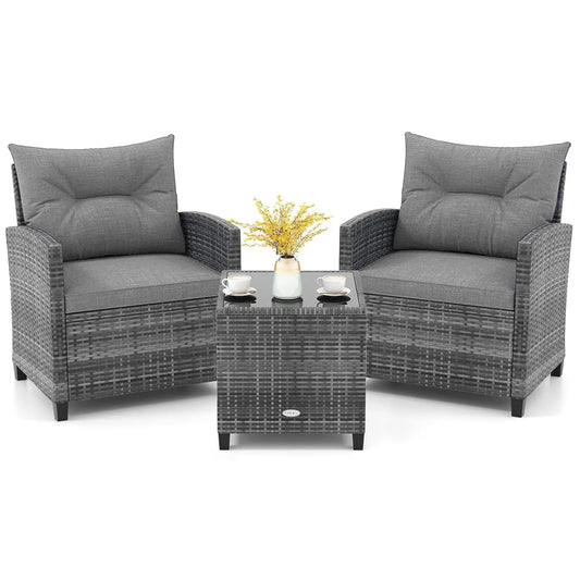 3 Piece Patio Furniture Set, Outdoor PE Rattan Conversation Set with Washable Cushions & Tempered Glass Tabletop,, Customized