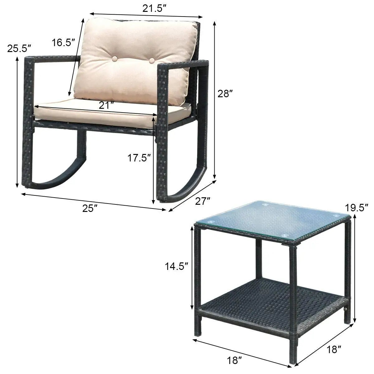 3 Pieces Patio Wicker Rocking Set, Outdoor Rocking Chairs and Table Set with Cushions, Glass Coffee Table with, Customized