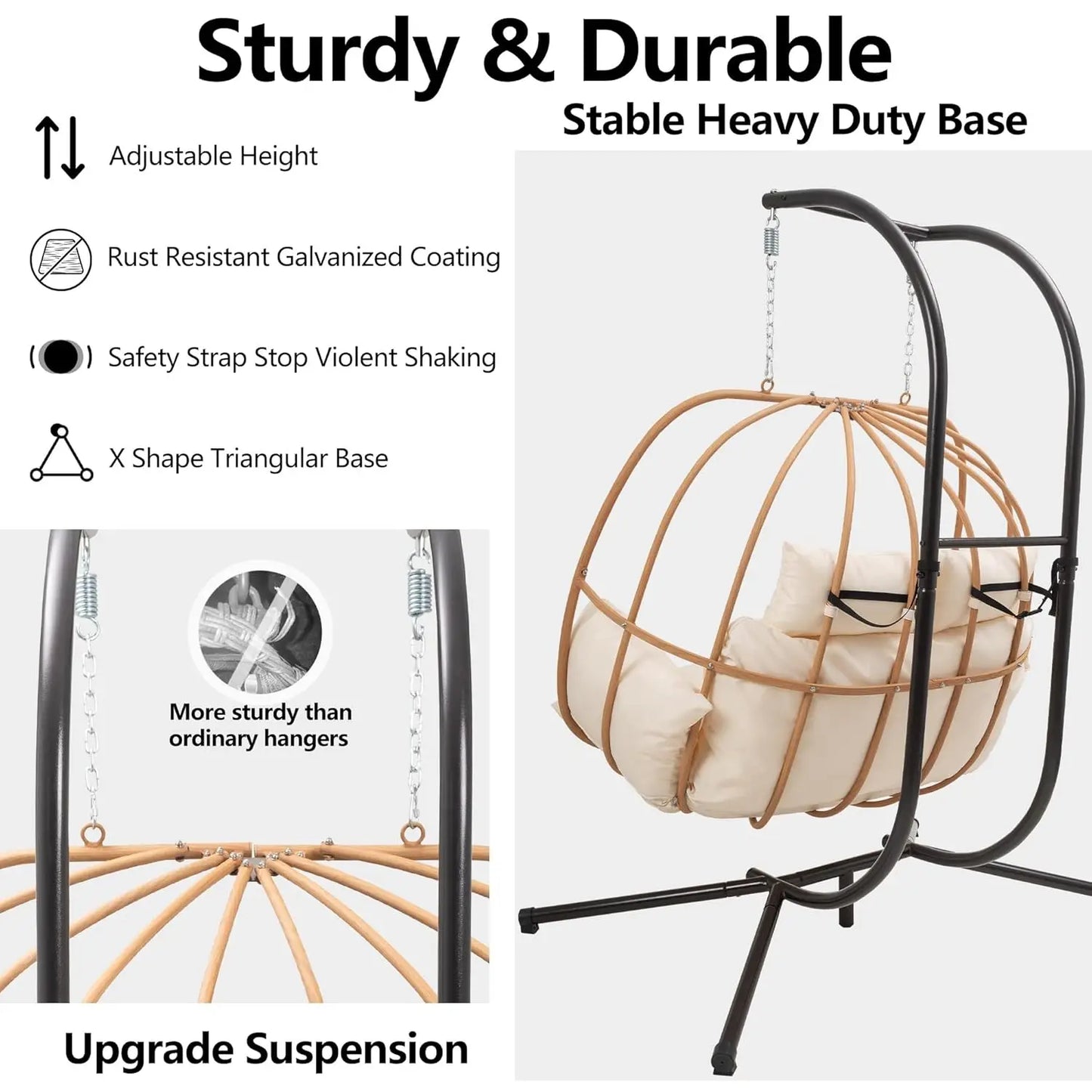 Hanging Chairs with Stand, All Weather Double Egg Chair Outdoor, Metal Hanging Egg Chairs Outdoor, 2 Person, Customized
