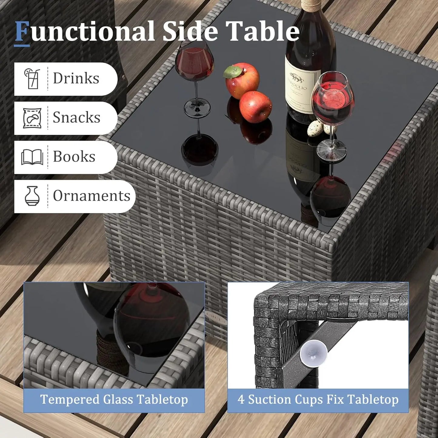 3 Piece Patio Furniture Set, Outdoor PE Rattan Conversation Set with Washable Cushions & Tempered Glass Tabletop,, Customized