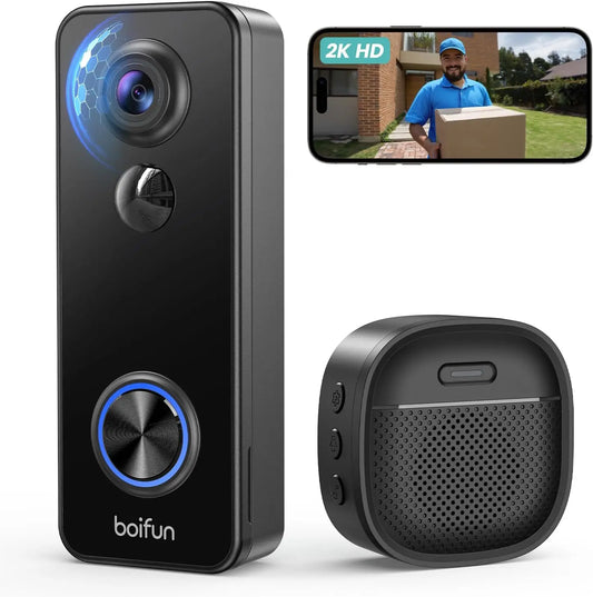 Wireless Video Doorbell Camera, No Subscription, 180° Wide-Angle, 2K Night Vision, AI Detection, Two-Way Audio