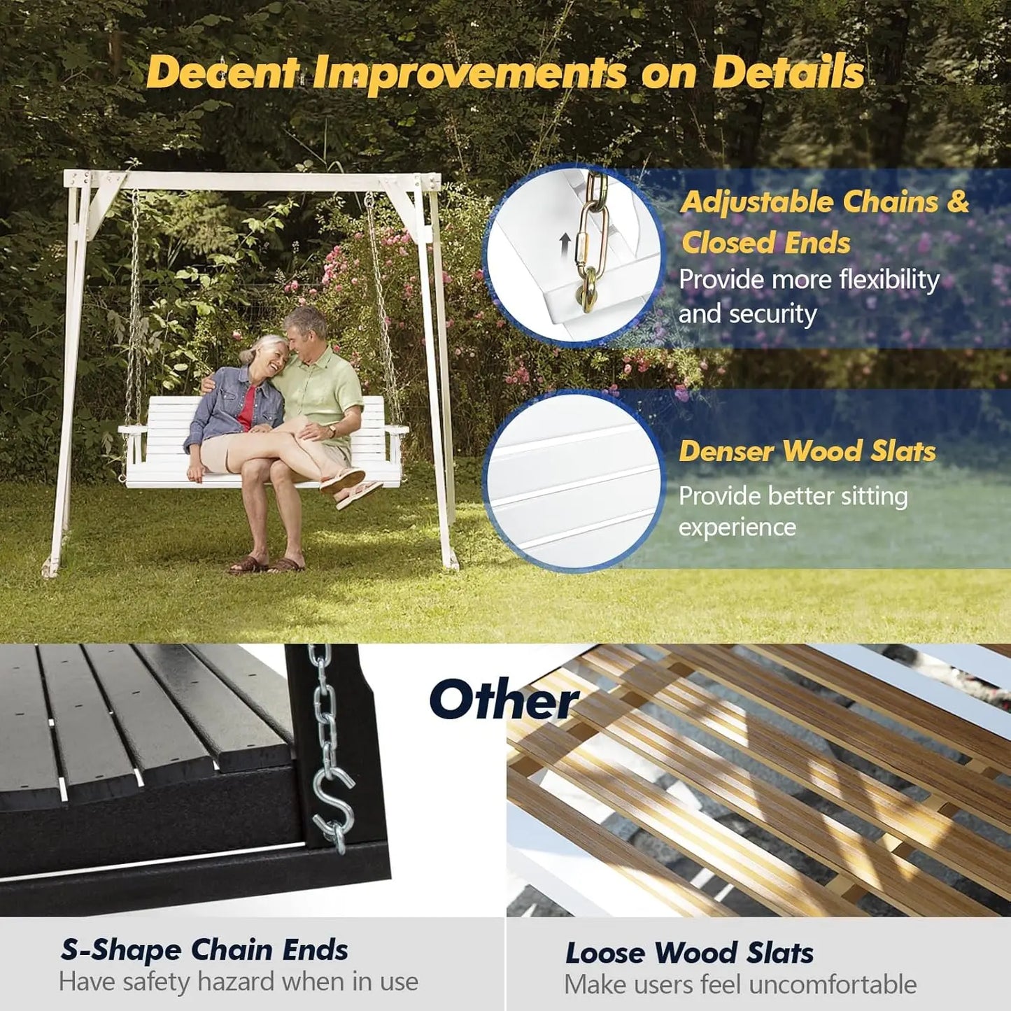 Heavy Duty 880LBS Patio Swing Wooden Porch Swing with Hanging Chains for Courtyard Garden Outdoor 5FT