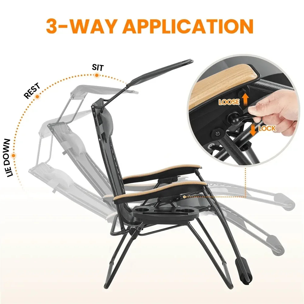 Outdoor Zero Gravity Chair XL Foldable Reclining Lounge Chair With Adjustable Sun Shade Cupholder Pillow Camping Chair For Pool