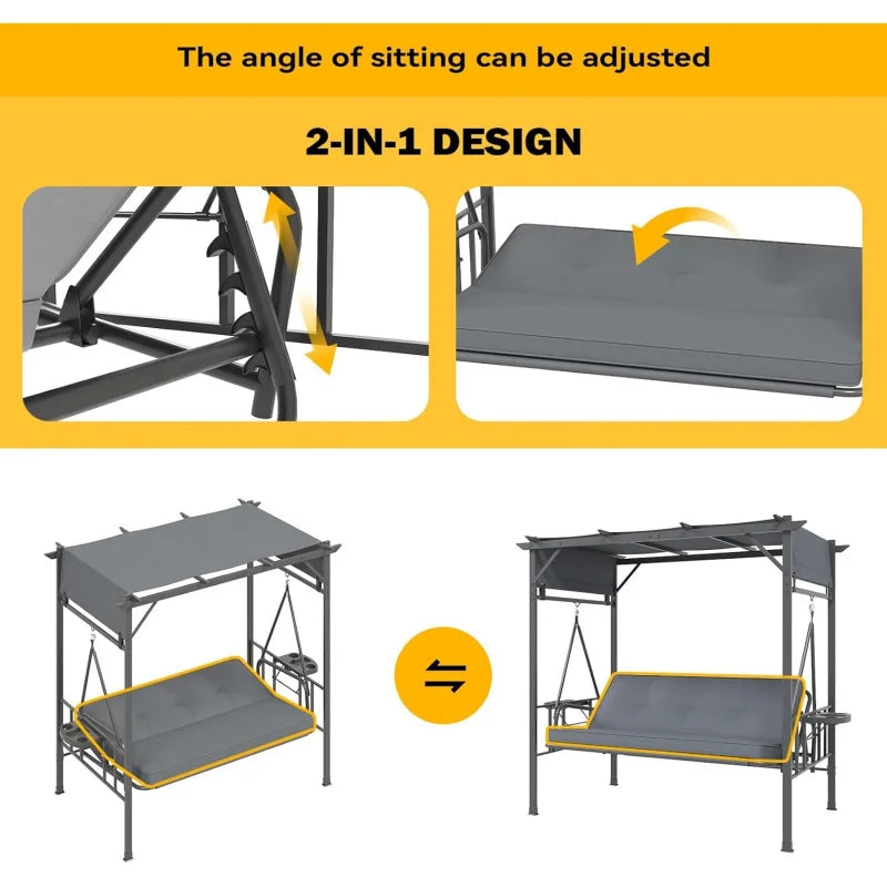 2026 New：2-in-1 Convertible Porch Swing Bed 3, Outdoor Patio Metal Pergola Swing with Hanging Cloud Hammock C