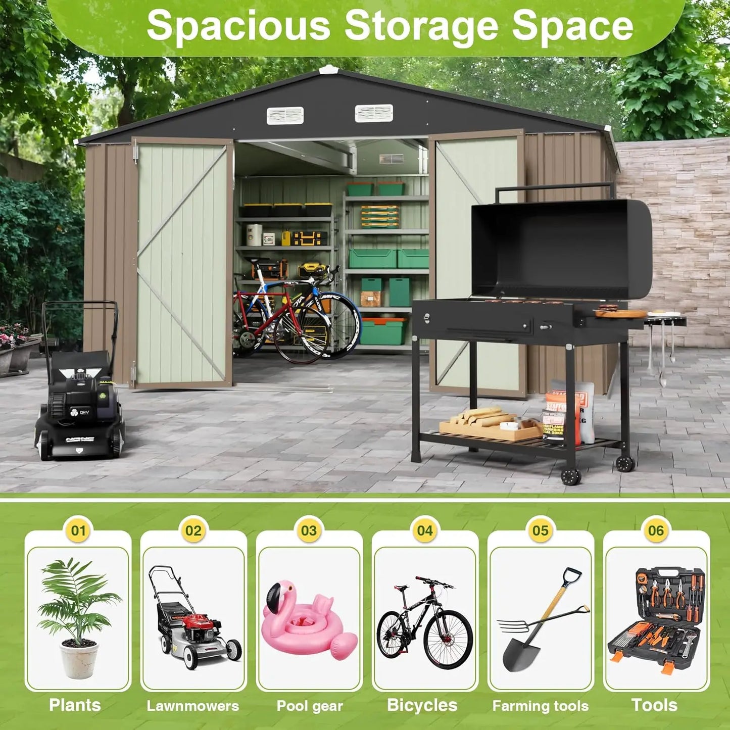 10 x 10 FT Outdoor Storage Shed, Large Metal Garden Shed & Tool Sheds for Backyard Garden Patio Lawn (Brown)