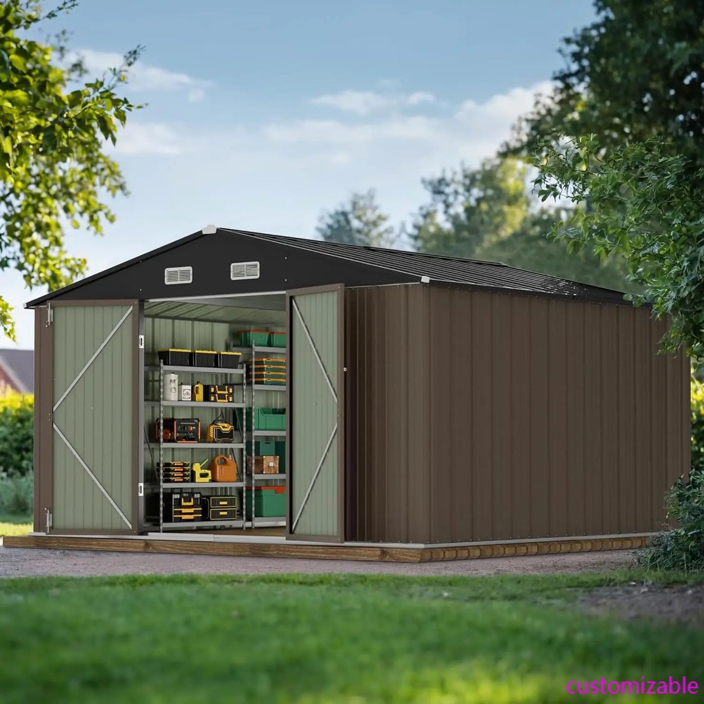 10 x 10 FT Outdoor Storage Shed, Large Metal Garden Shed & Tool Sheds for Backyard Garden Patio Lawn (Brown)
