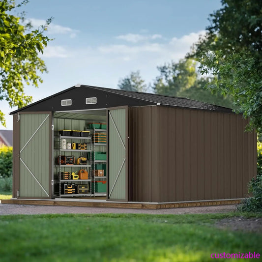 10 x 10 FT Outdoor Storage Shed, Large Metal Garden Shed & Tool Sheds for Backyard Garden Patio Lawn (Brown)