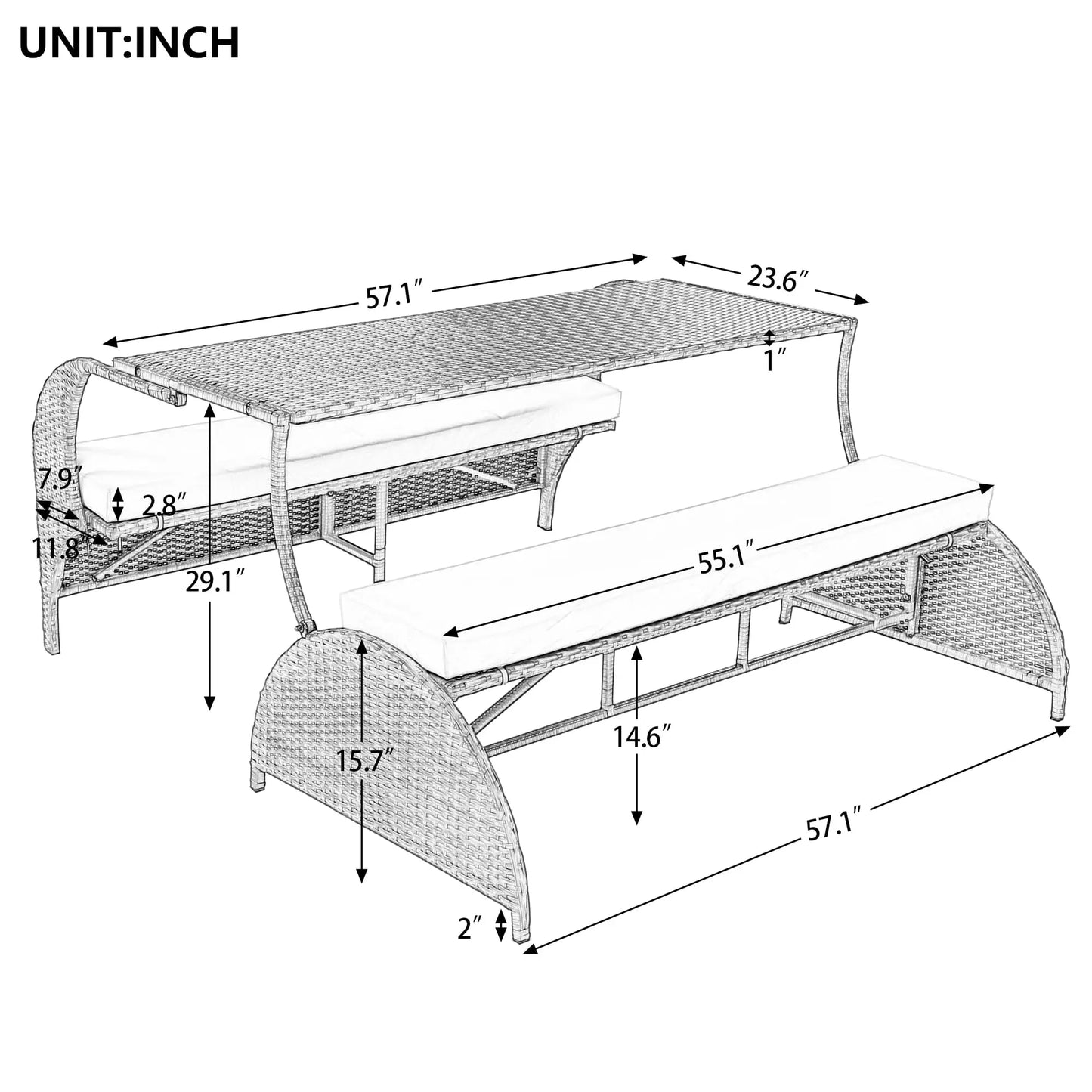 Outdoor Rattan Loveseat Convertible Picnic Upholstered Bench Table For Patio Garden Lawn Convertible to 4 Seats and 1 Table