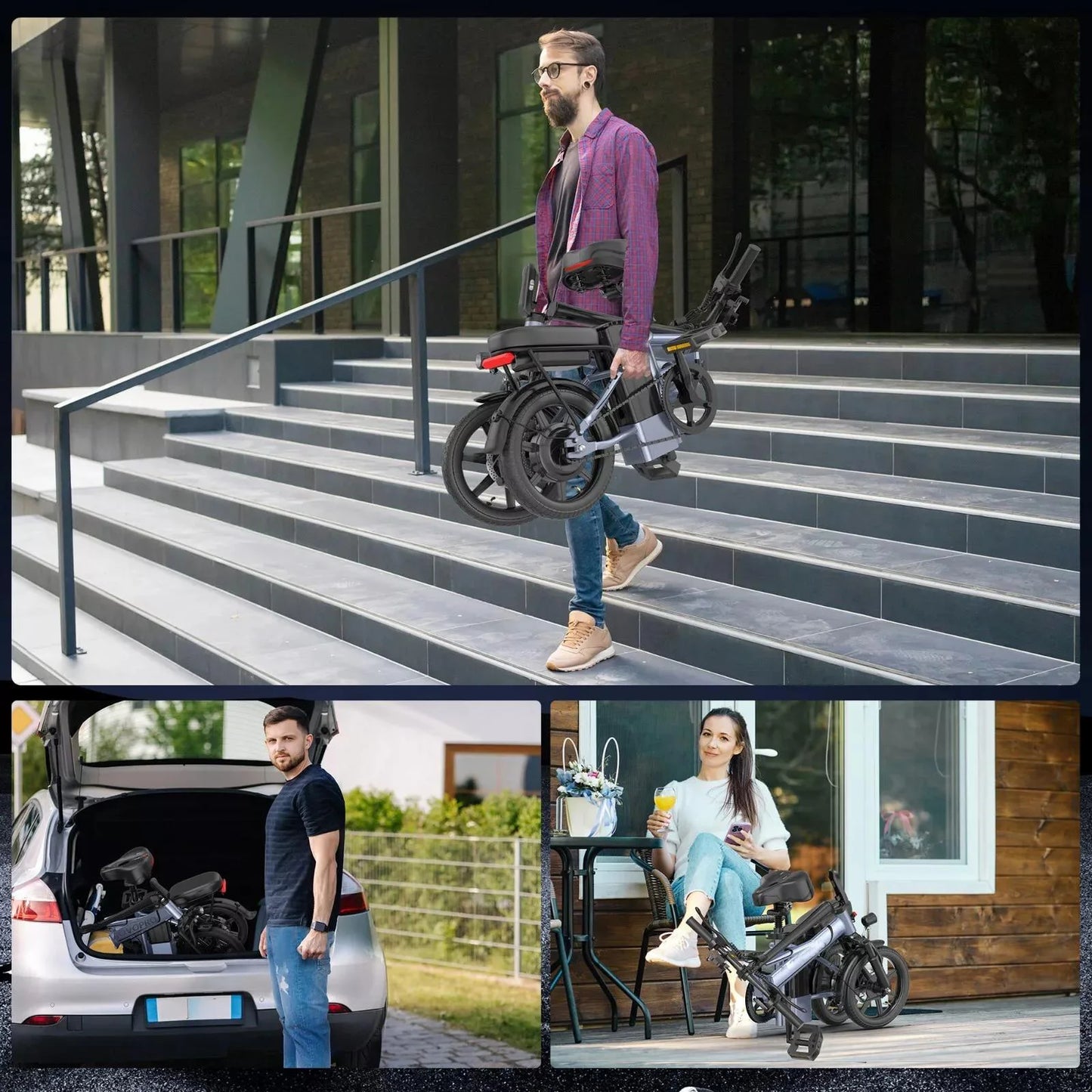 14'' Foldable Electric Bike 500W Motor 48V 10.4AH Battery 22MPH Max Speed 28Miles Long Range with Two Seats for Adult