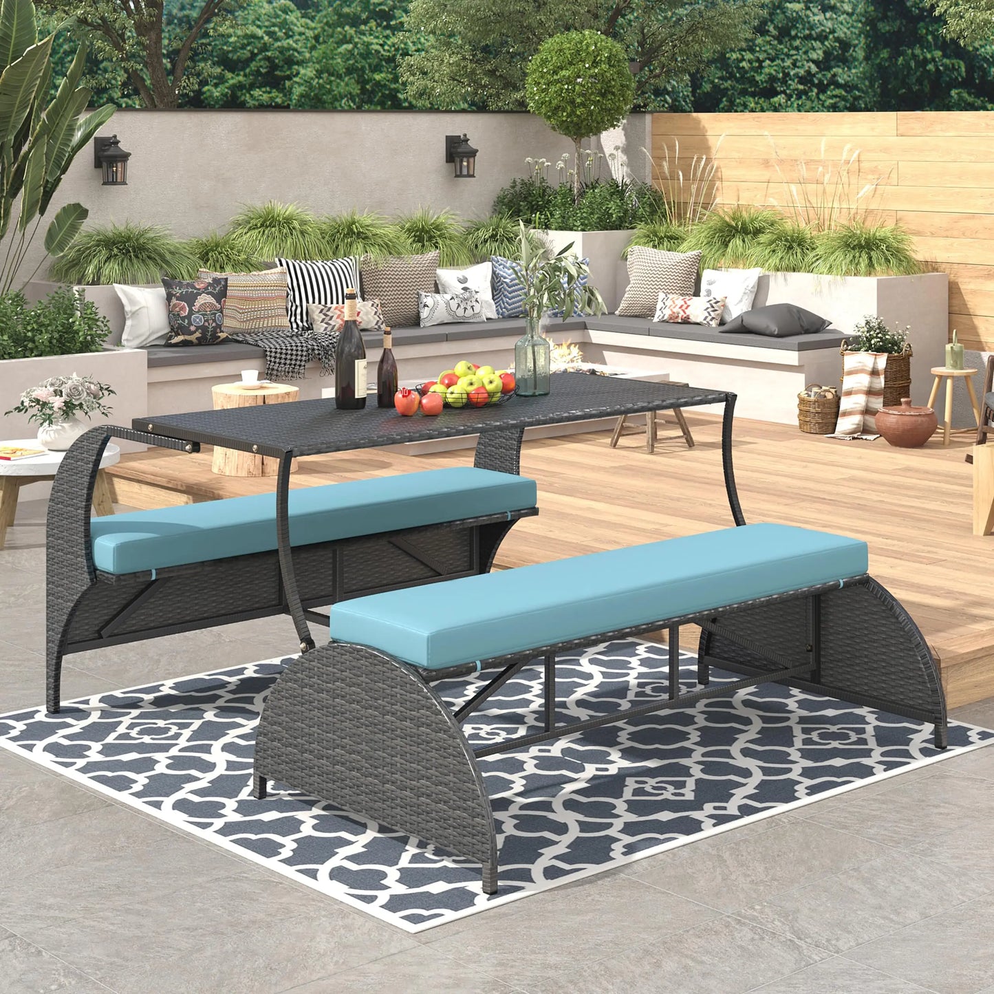 Outdoor Rattan Loveseat Convertible Picnic Upholstered Bench Table For Patio Garden Lawn Convertible to 4 Seats and 1 Table