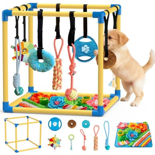 Puppy Play Gym with Snuffle Mat and 8 Hanging Toys Indoor Play Gym Interactive Dog Toys for Boredom Enrichment Activity for Sma