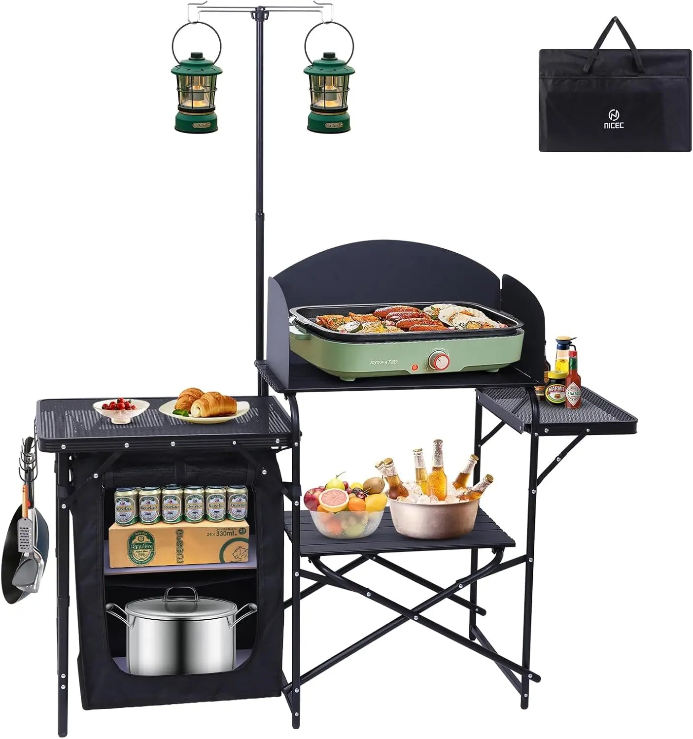 Portable Camping Kitchen Station with Light Stand & Windshield, Folding Table Organizers for Beach Picnic Outdoor Cooking