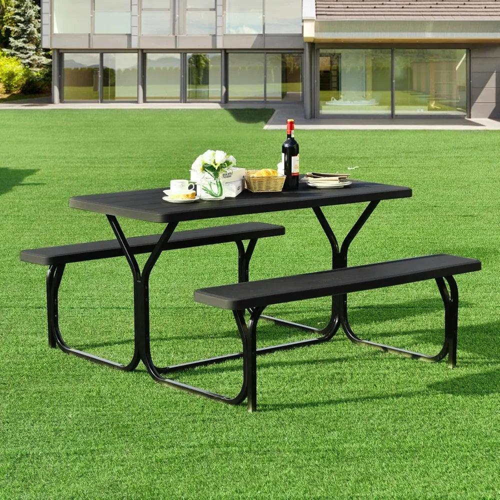 Picnic Table, Resin Dining Table & 2 Benches Set, Weather Resistant Wood Grain Tabletop & Steel Frame, Plastic Picnic Tables