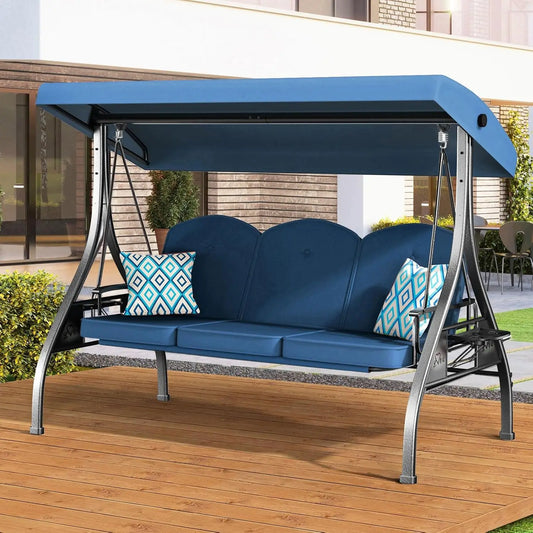 3 Seat Outdoor Patio Swing with Stand 800lbs Capacity 2-in-1 Convertible Swing Bed Adjustable Canopy Removable Customized Porch