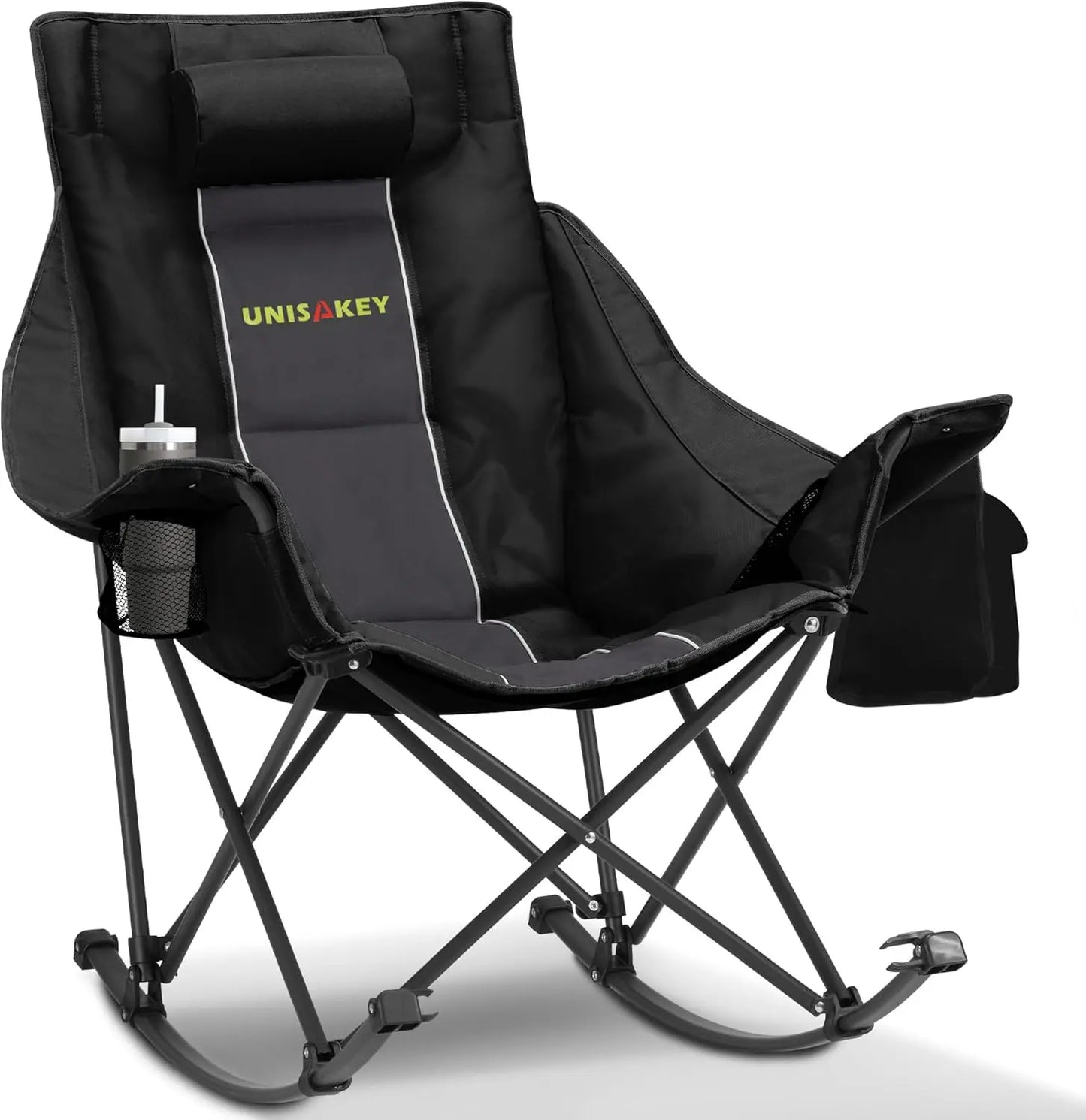 Oversized Rocking Camping Chair with Headrest & Cup Holder, 400lbs Capacity, Easy Fold Portable for Outdoor