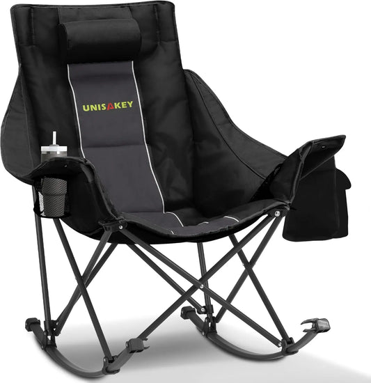 Oversized Rocking Camping Chair with Headrest & Cup Holder, 400lbs Capacity, Easy Fold Portable for Outdoor