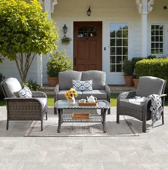 HOT-4 Pieces Patio Furniture Set, Outdoor Wicker Sofa with Coffee Table, Chairs, All Weather High Back  Couch Cushions, Dark Gre