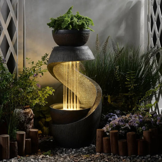 31.9" S-Shaped Water Outdoor Fountain–Modern Cascading Waterfall Feature with LED Lights & Planter Bowl