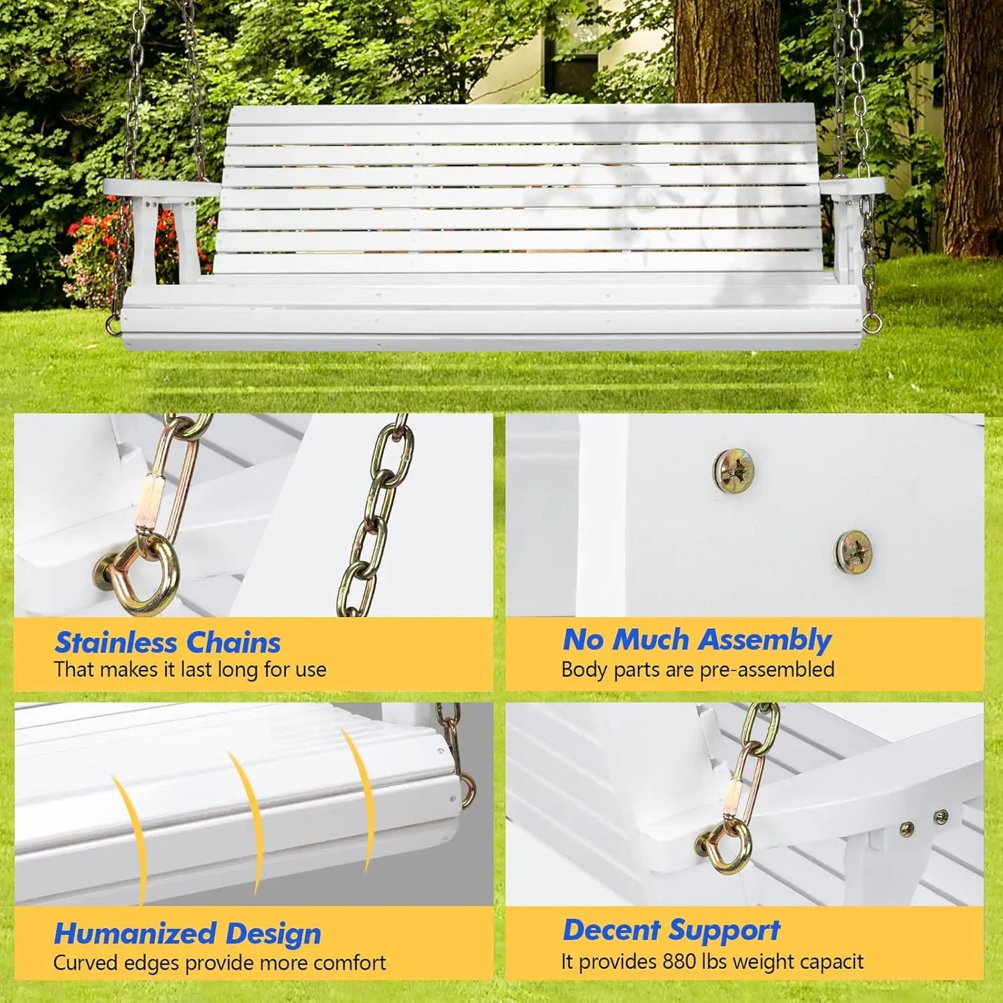 Heavy Duty 880LBS Patio Swing Wooden Porch Swing with Hanging Chains for Courtyard Garden Outdoor 5FT