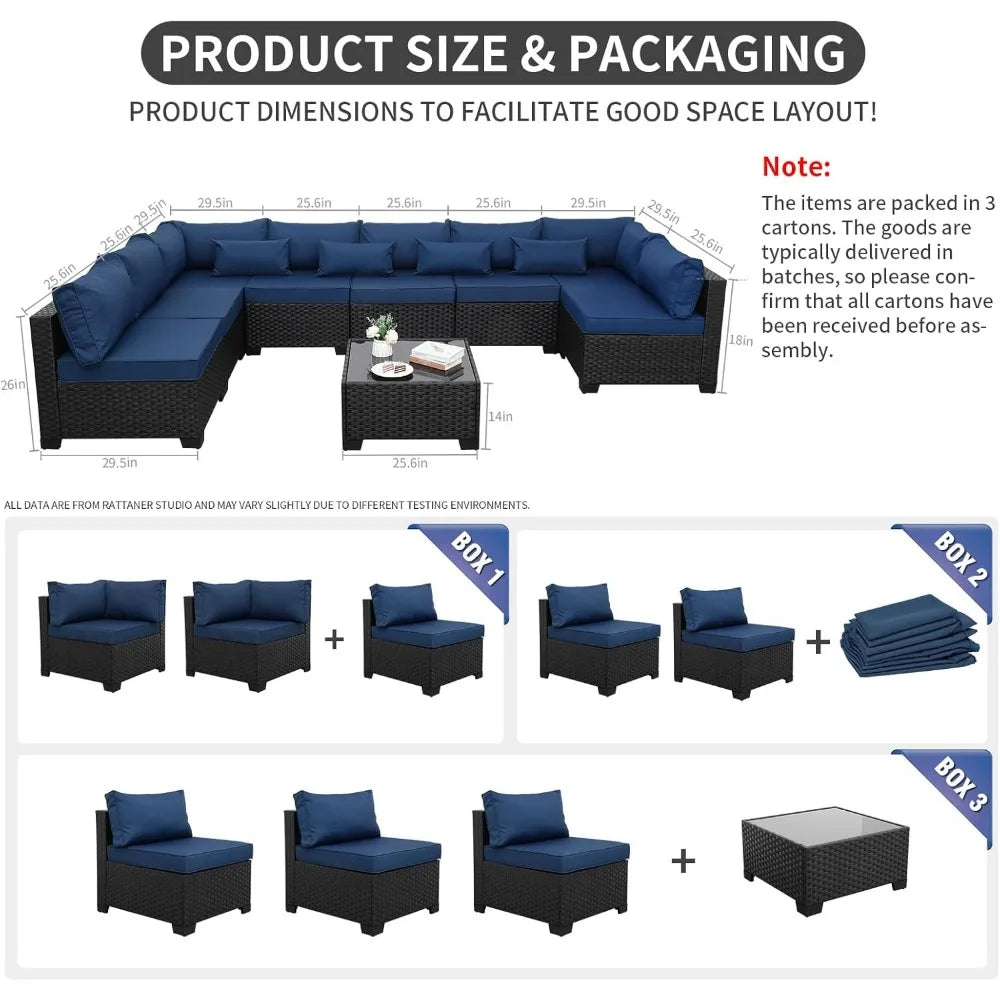9 Pieces Outdoor Sectional All-Weather Wicker Patio Furniture Set Patio Sectional and Glass Patio Table Non-Slip Cushions