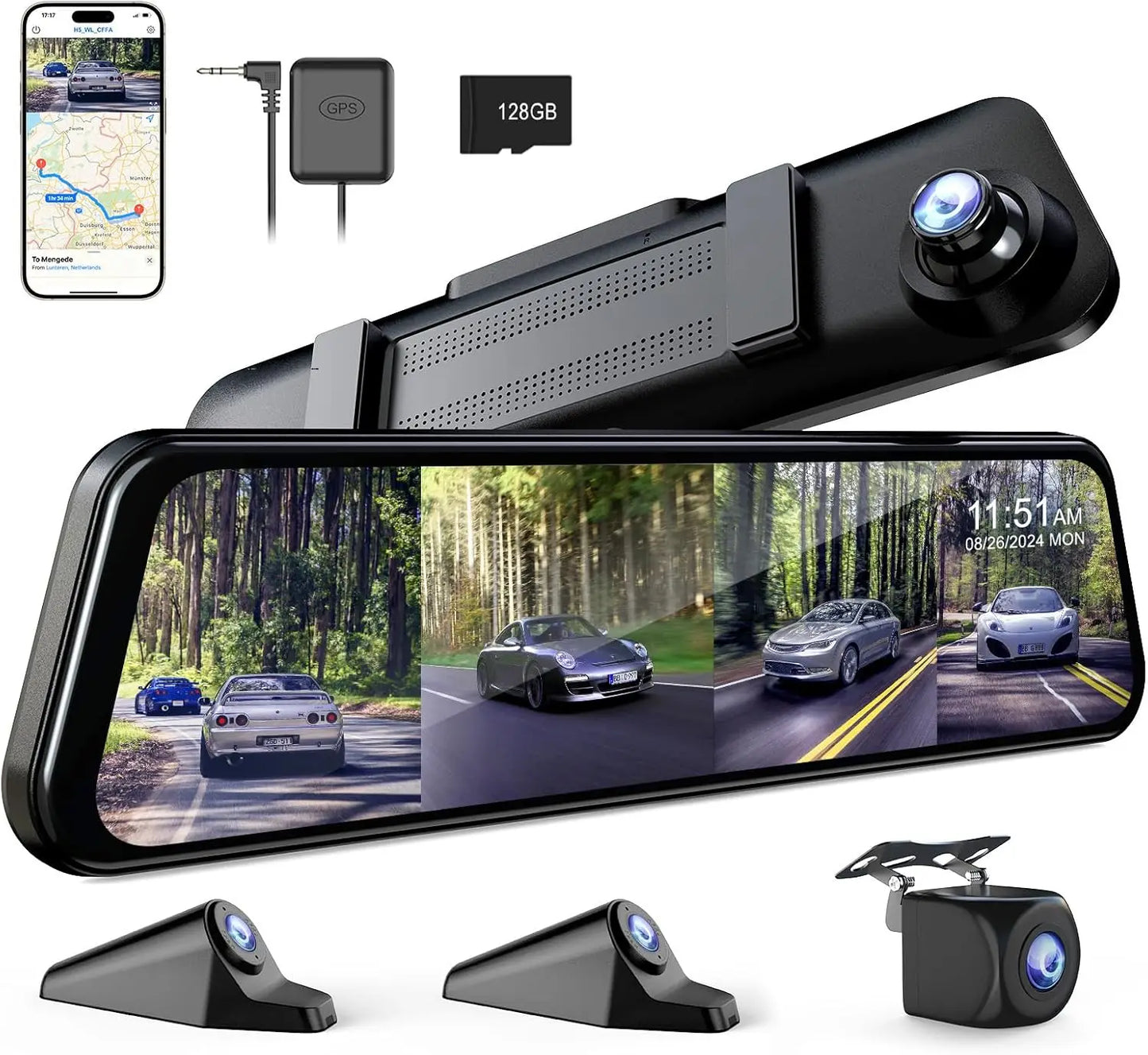 360 Degree View Dash Cam with 4 Channels, Detached Camera for Cars, Front/Rear/Side Recording, 1080Px4, WiFi, Night Vision