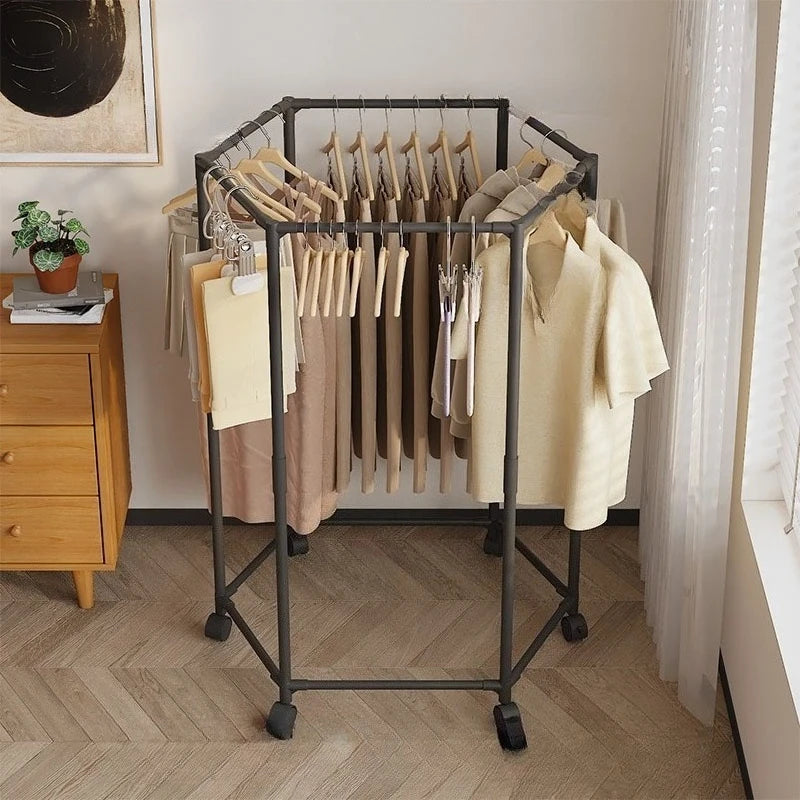 Hexagon Rotating Floor Clothes Rack Dormitory Coat Hanger Stand Indoor Drying Rack Movable Garment Organizer Hat Stand