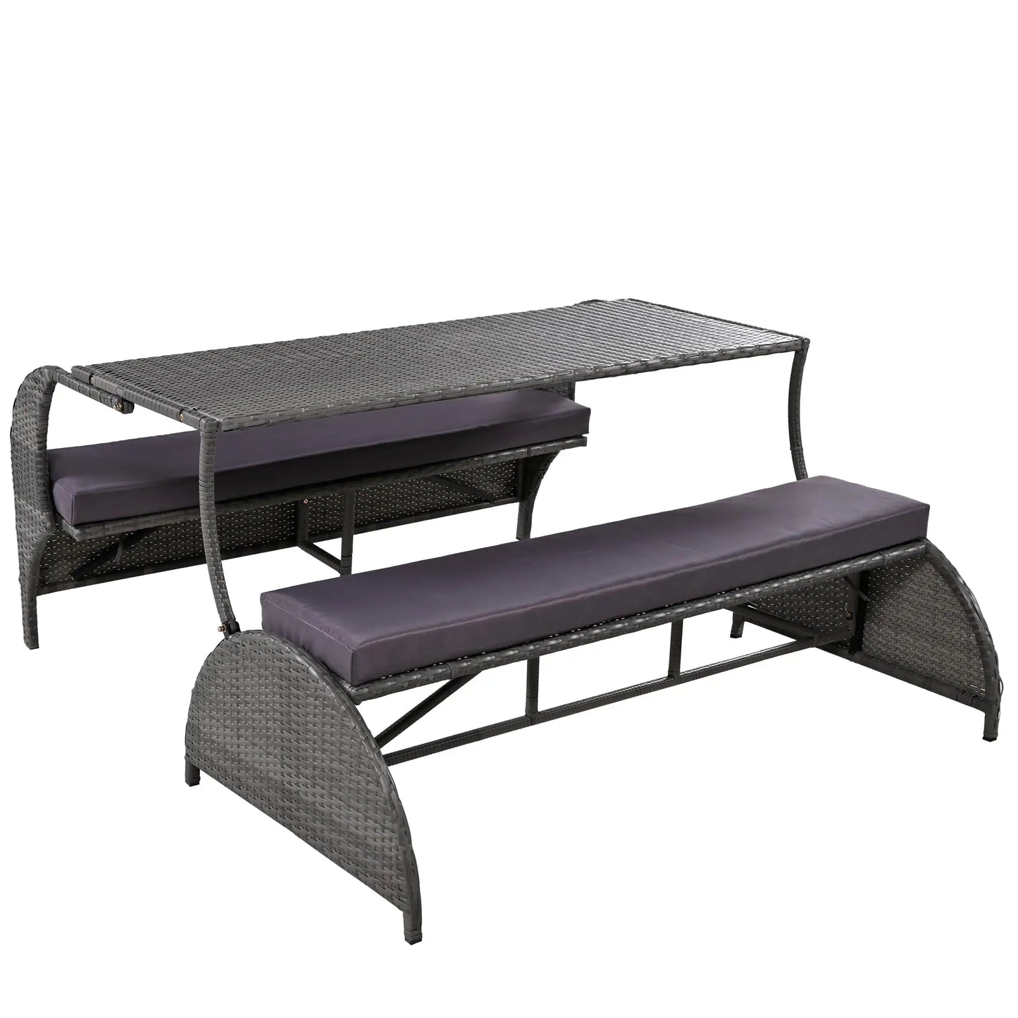 Outdoor Rattan Loveseat Convertible Picnic Upholstered Bench Table For Patio Garden Lawn Convertible to 4 Seats and 1 Table
