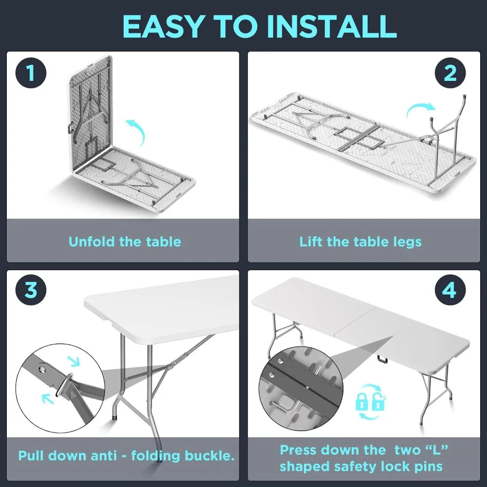 8ft Folding Picnic Table with Safety Locks, Portable Camping Table for Outdoor Party and Indoor Dining
