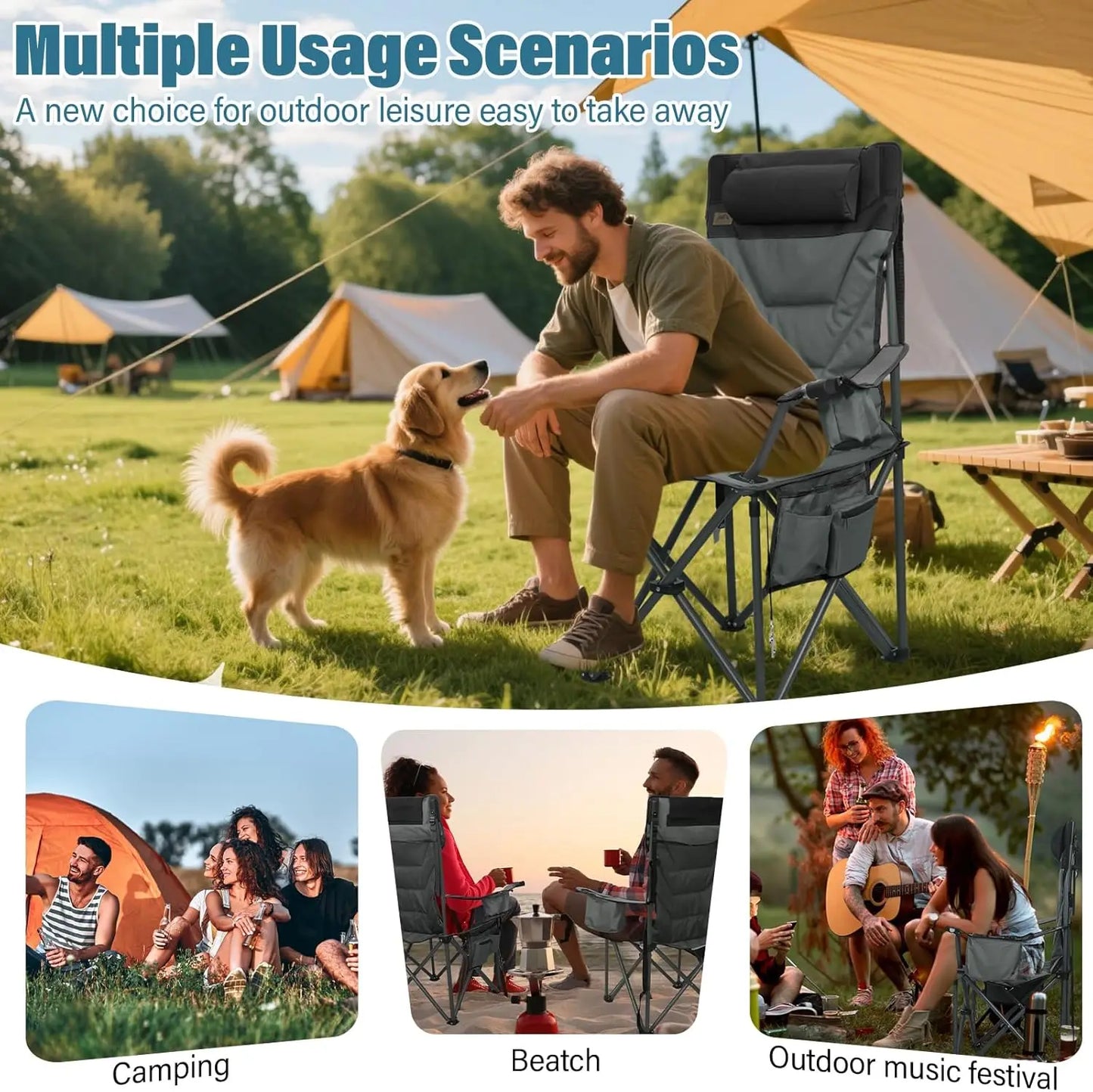 Oversized High-Back Camping Chair with Pillow, Cup Holders & Cooler Bag - Foldable Outdoor Chair for Adults, Picnic, Fishing
