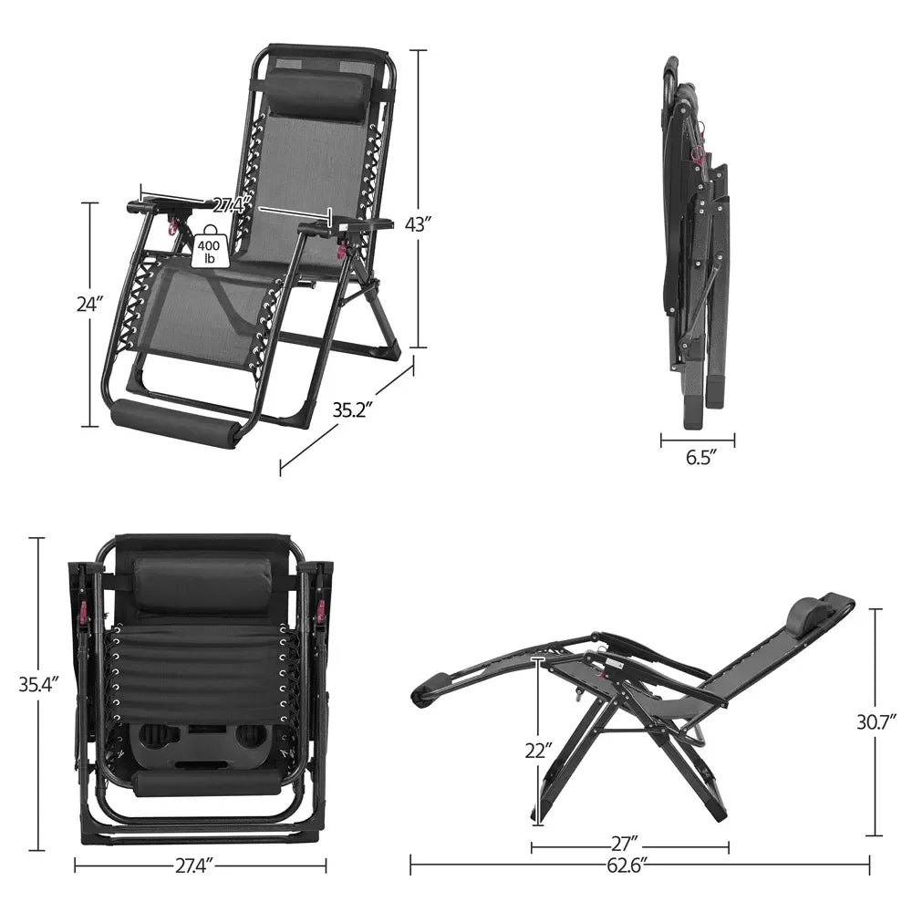 1 Piece 29in Oversized Zero Gravity Recliner Outdoor Reclining Lounge Chairs With Padded Cushion Armrest Foldable Zero Gravity