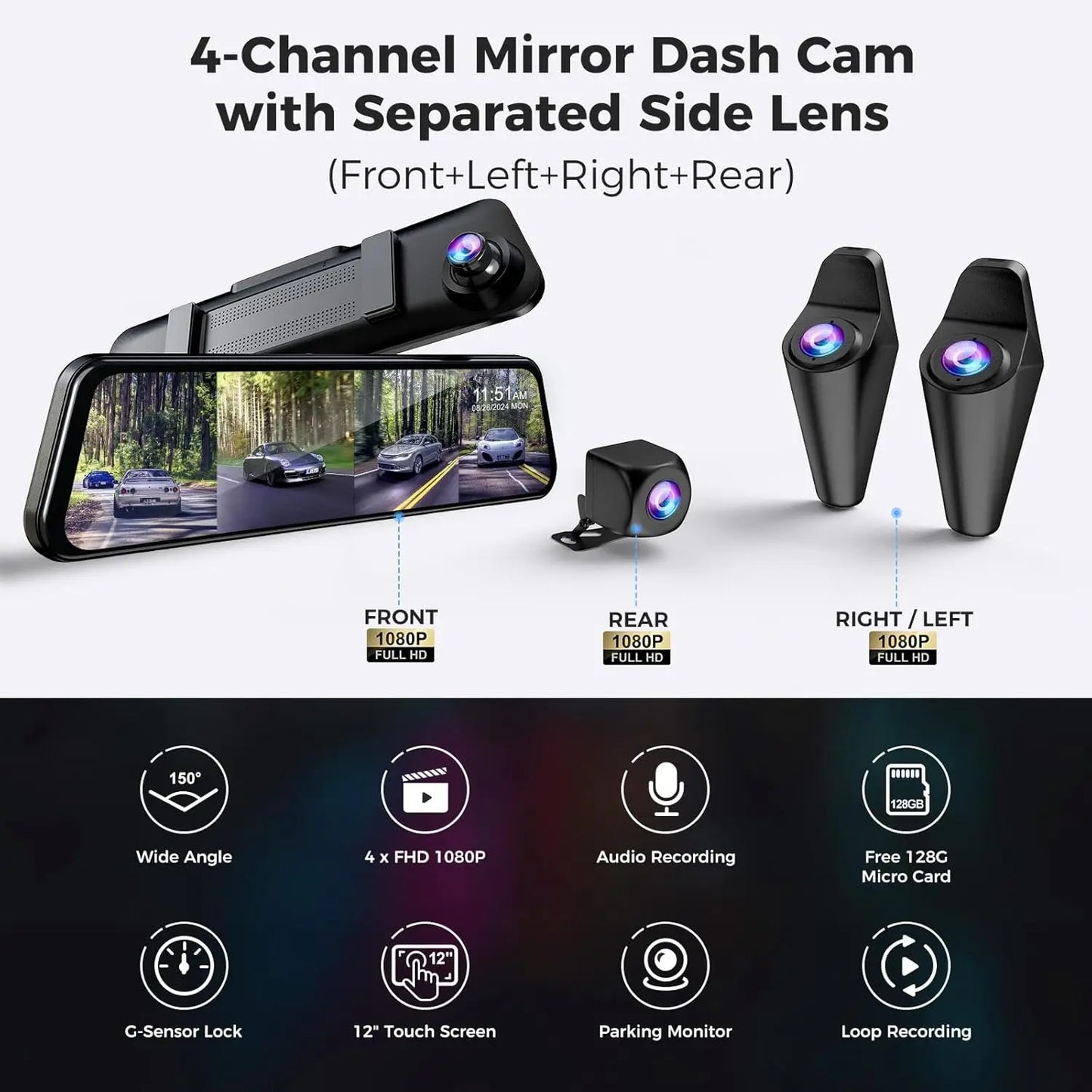 360 Degree View Dash Cam with 4 Channels, Detached Camera for Cars, Front/Rear/Side Recording, 1080Px4, WiFi, Night Vision