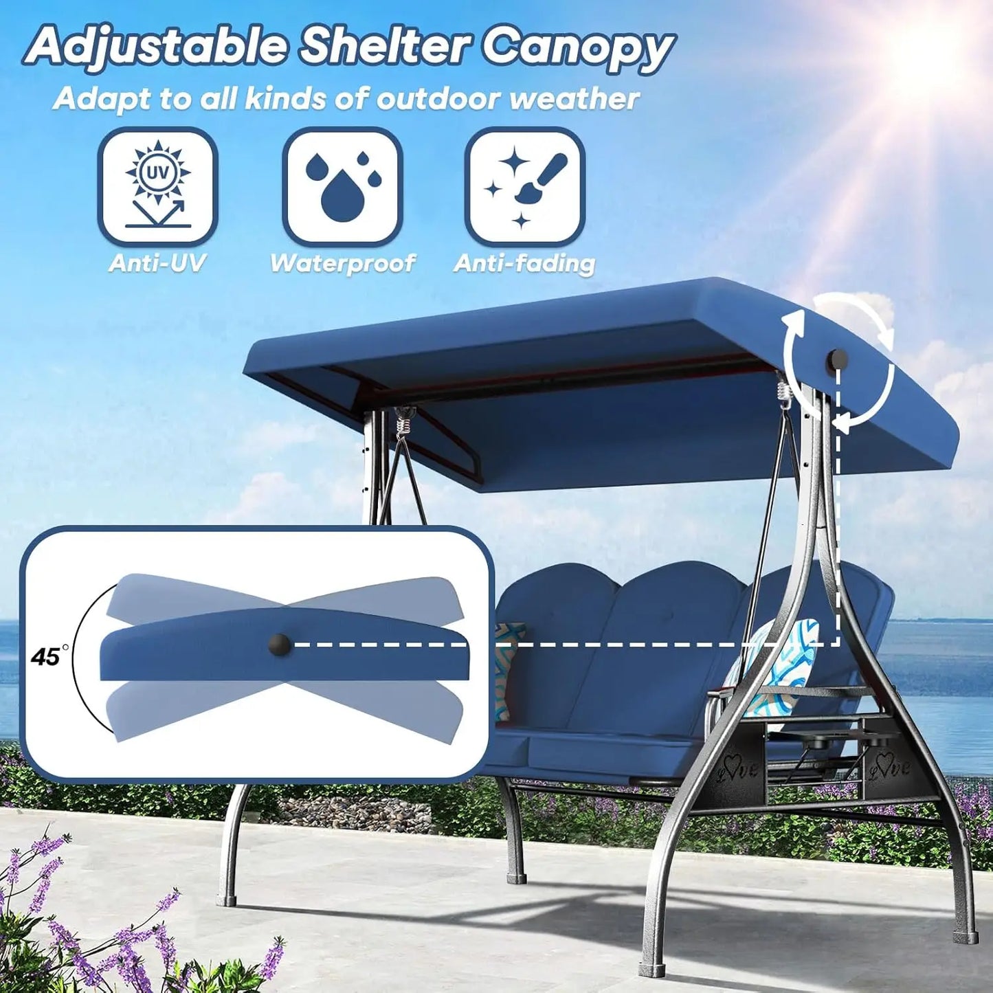 3 Seat Outdoor Patio Swing with Stand 800lbs Capacity 2-in-1 Convertible Swing Bed Adjustable Canopy Removable Customized Porch