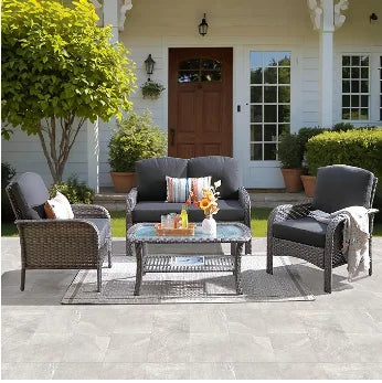 HOT-4 Pieces Patio Furniture Set, Outdoor Wicker Sofa with Coffee Table, Chairs, All Weather High Back  Couch Cushions, Dark Gre