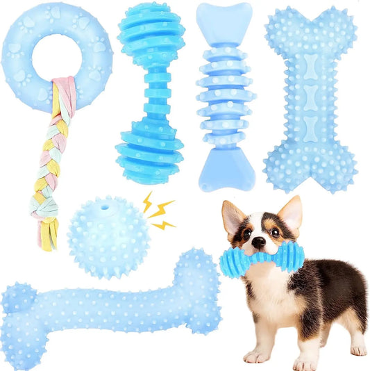 6 Pack Puppy Chew Toys, Soft Durable Interactive Teething Toys for Small Dogs in Cute Blue