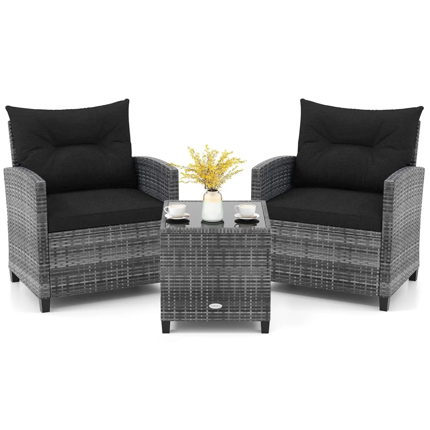 3 Piece Patio Furniture Set, Outdoor PE Rattan Conversation Set with Washable Cushions & Tempered Glass Tabletop,, Customized