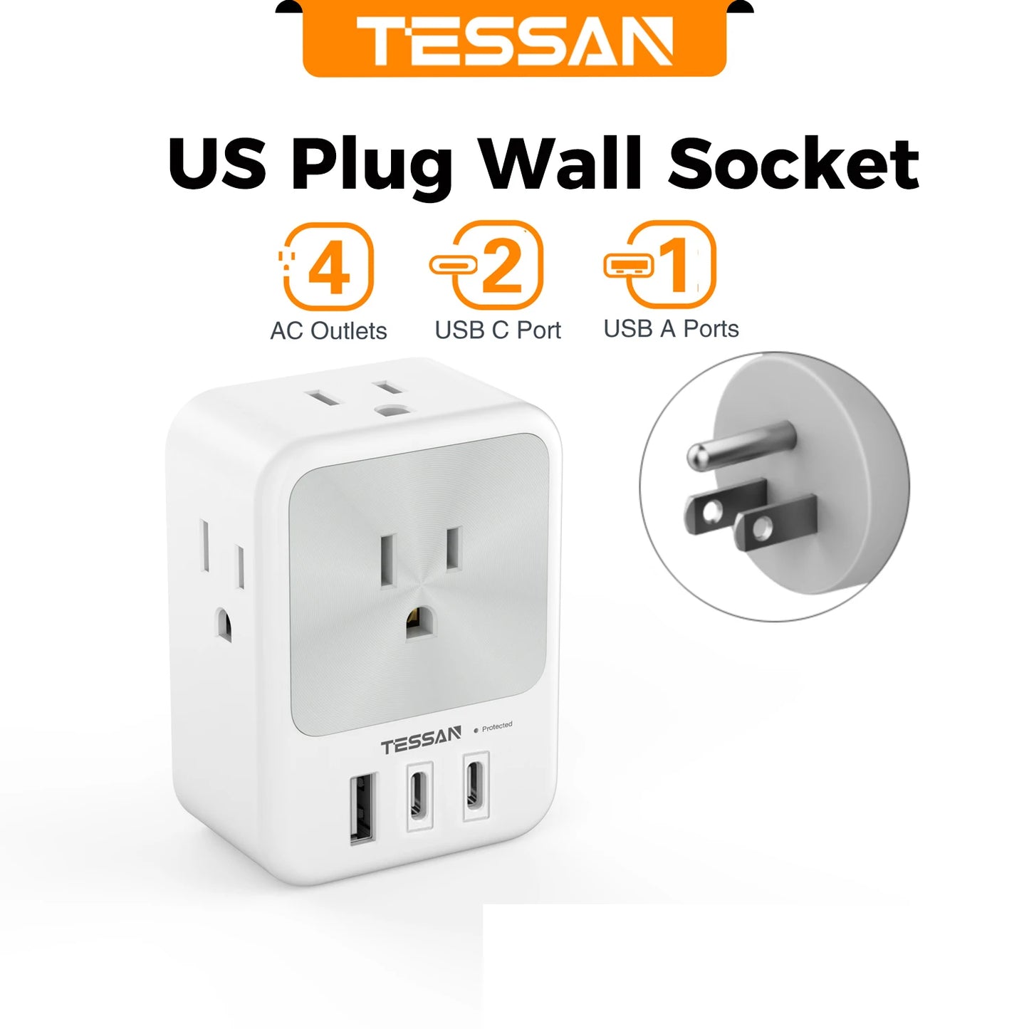 TESSAN US Plug Power Strip with 4AC Outlet and 3USB Charging Port Multi-Contacts Electrical Socket with Surge Protector for Home