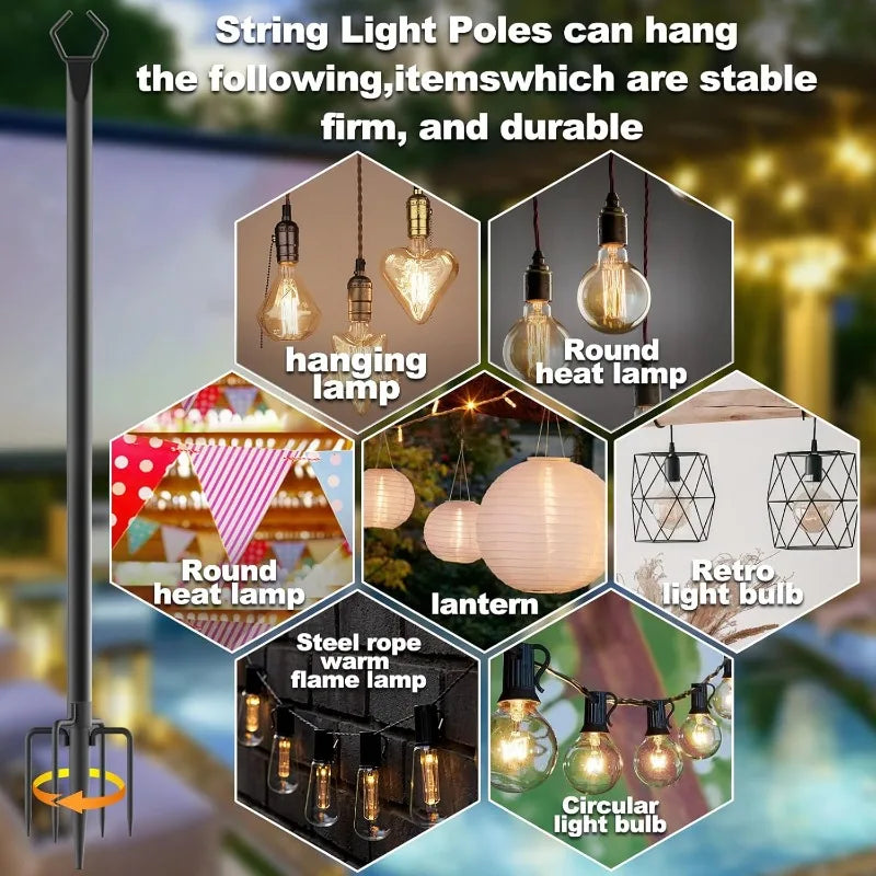 6 Pack 10 ft Heavy Duty Metal String Light Poles Adjustable Outdoor Lighting Stand for Patio,Backyard,Garden,Party & Wedding