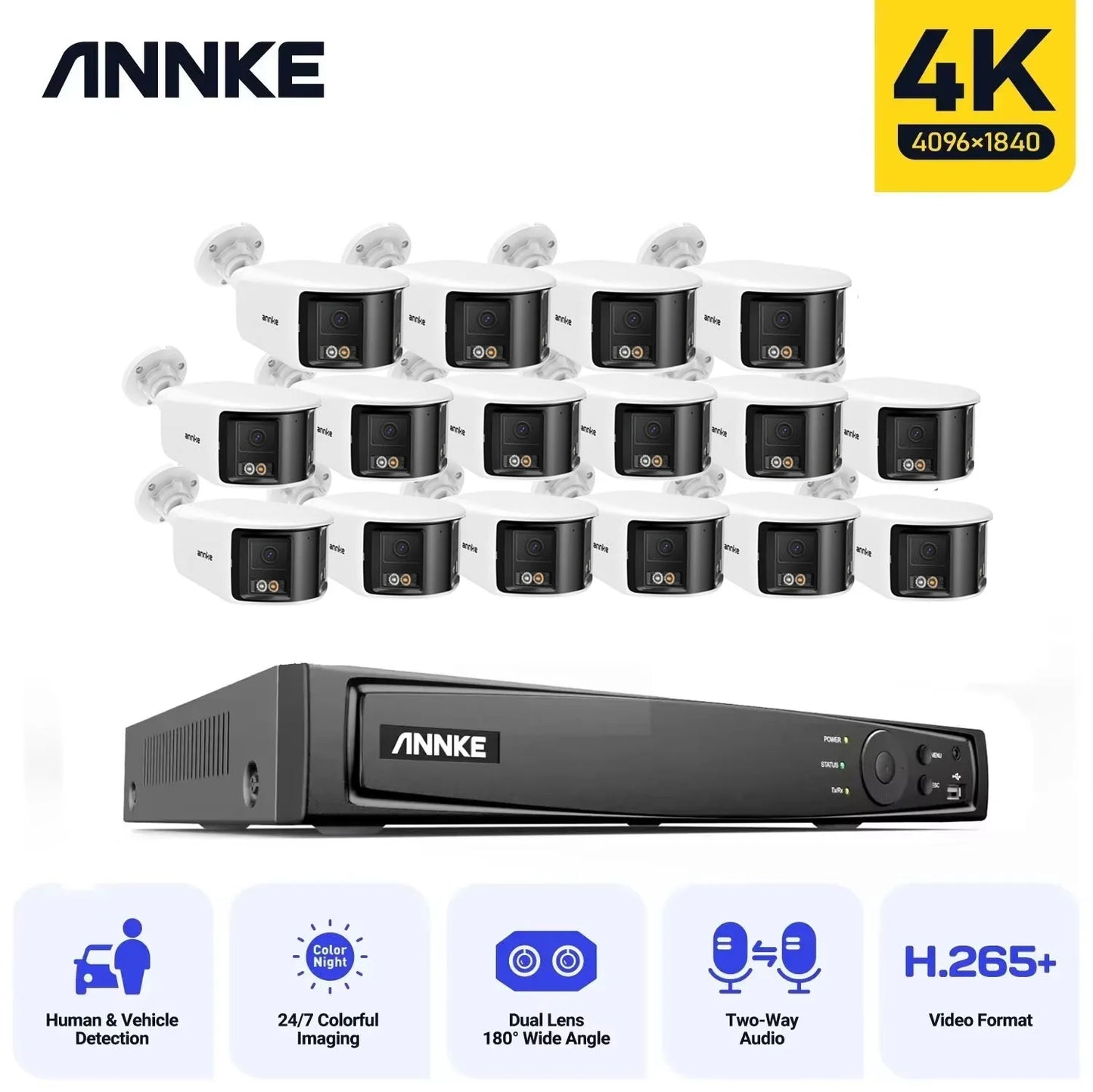 ANNKE 16CH NVR 8MP Dual Lens POE IP Camera Full Color Night Vision 180 Degree Security Camera Outdoor Video Surveillance System