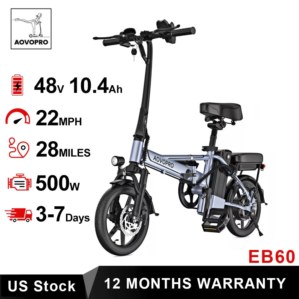 14'' Foldable Electric Bike 500W Motor 48V 10.4AH Battery 22MPH Max Speed 28Miles Long Range with Two Seats for Adult