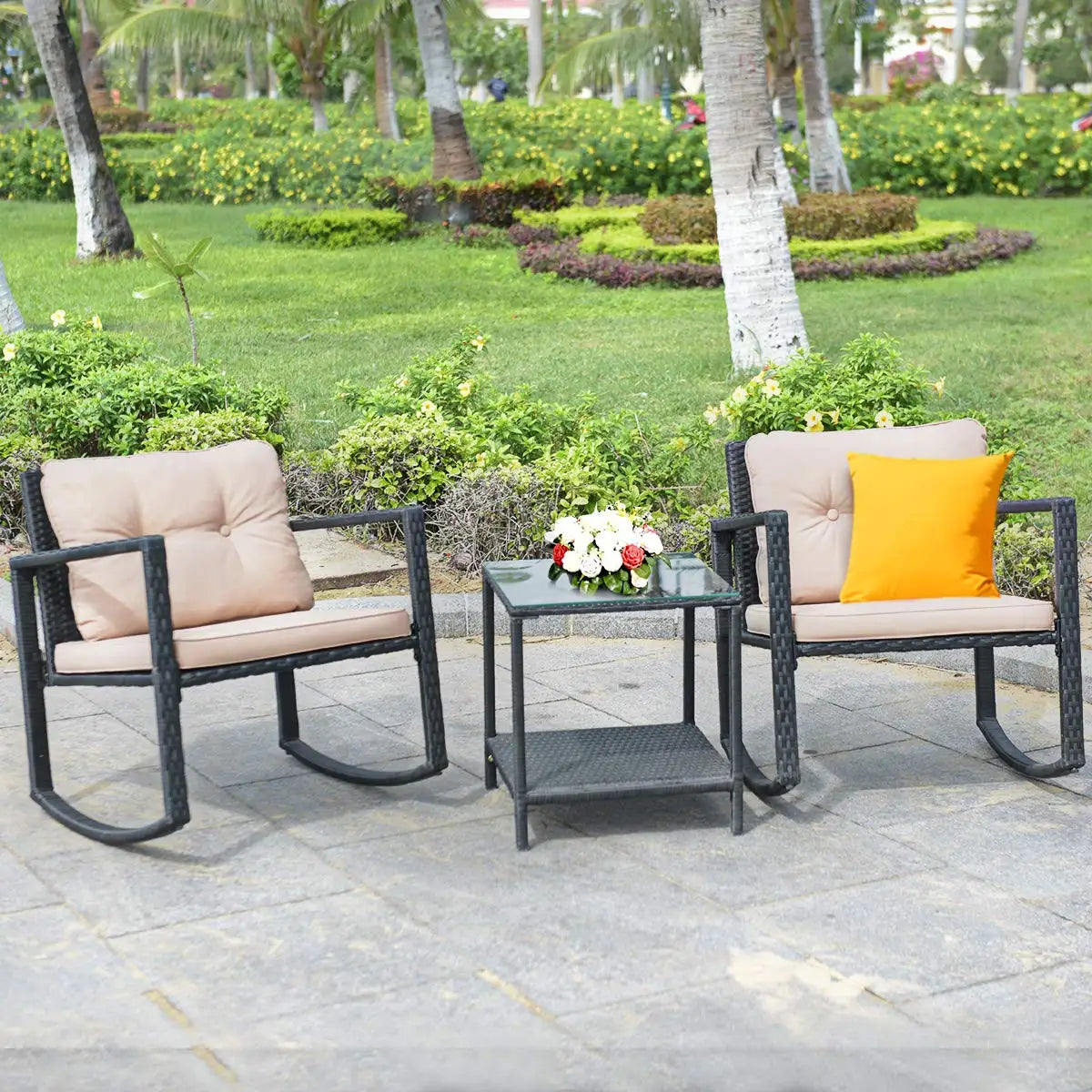 3 Pieces Patio Wicker Rocking Set, Outdoor Rocking Chairs and Table Set with Cushions, Glass Coffee Table with, Customized