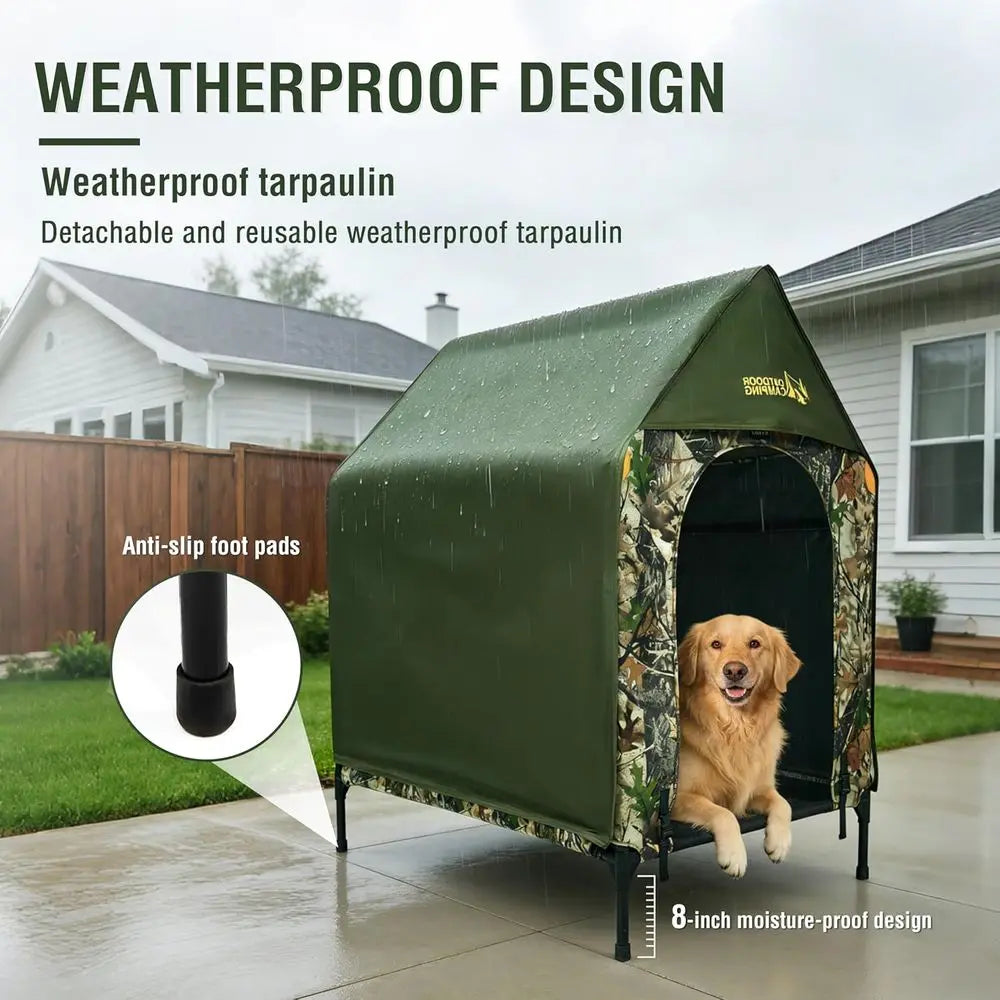 42" Camoulage Canvas Outdoor Dog House Weatherproo,360° Visibility and Breathable Design,2-in-1 Dog Shade Shelter or Large Breed