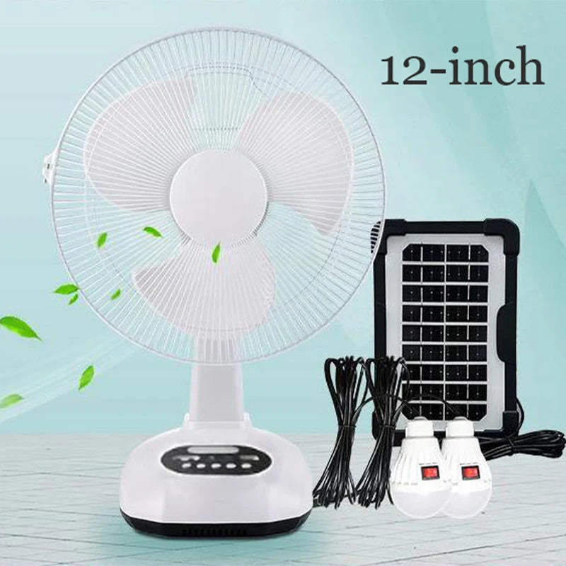 1pcs 12 inch 14400mAh battery capacity portable solar charging fan with 2 bulbs with LED lighting and USB phone charging