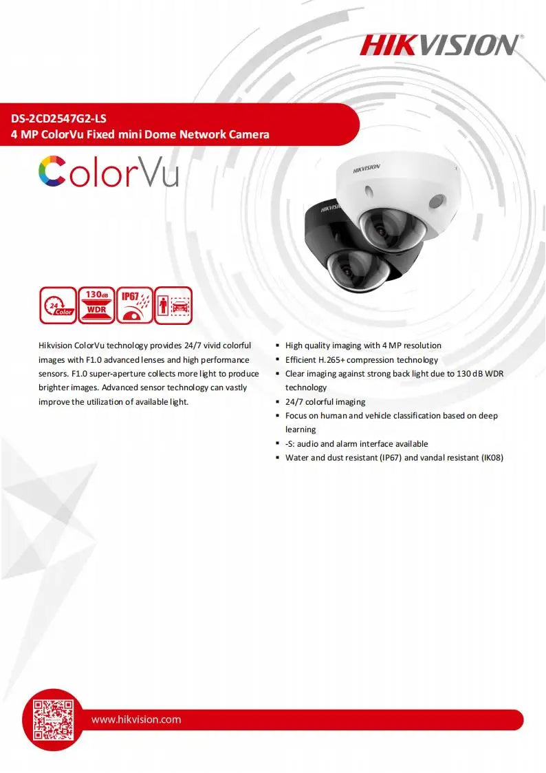 Hikvision DS-2CD2547G2-LS 4MP ColorVu Mini Dome Network Camera 24/7 Colorful Imagin IP67 IK08