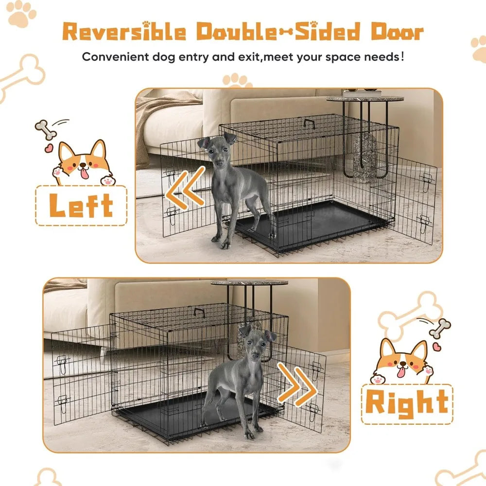 Dog Crate, 48 Inch Extra Large Double Door Dog Cage with Plastic Leak-Proof Pan Tray, Folding Metal Wire Indoor, Outdoor, Travel