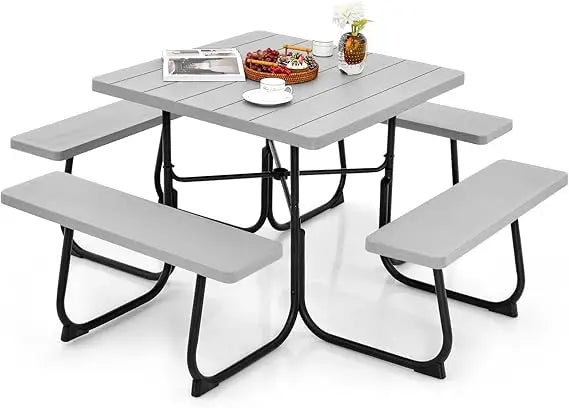 Tangkula 8 Person Picnic Table, Outdoor Square Picnic Table with 4 Built-in Benches, Umbrella Hole, Metal Frame & HDPE Tabletop,