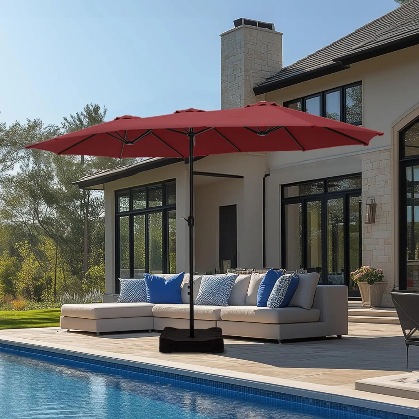 15ft Double Sided Patio Umbrella with Base Included, Outdoor Large Rectangular Market Umbrellas with Crank Handle, Customized