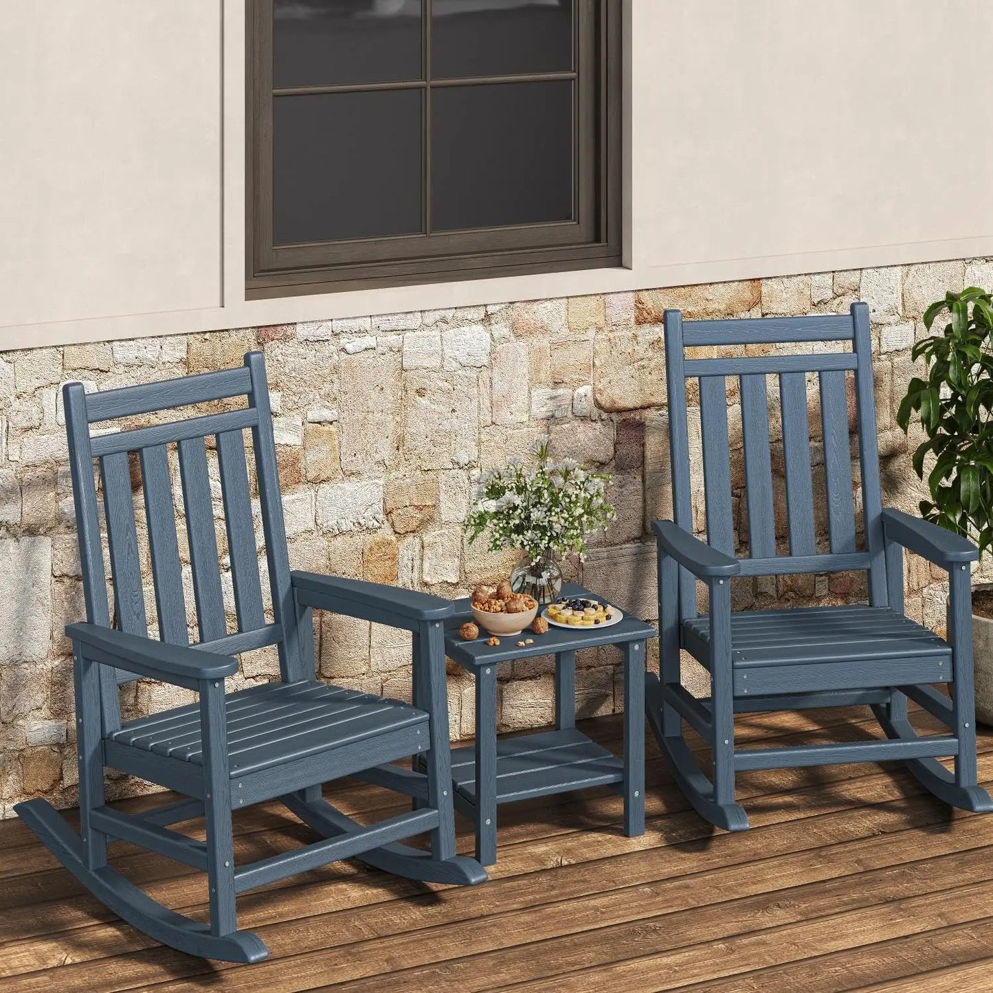2-Piece Outdoor Poly Lumber Rocking Chair Set With Side Table, HDPE High-Back Adirondack Porch Rockers, All-Weather Resistant