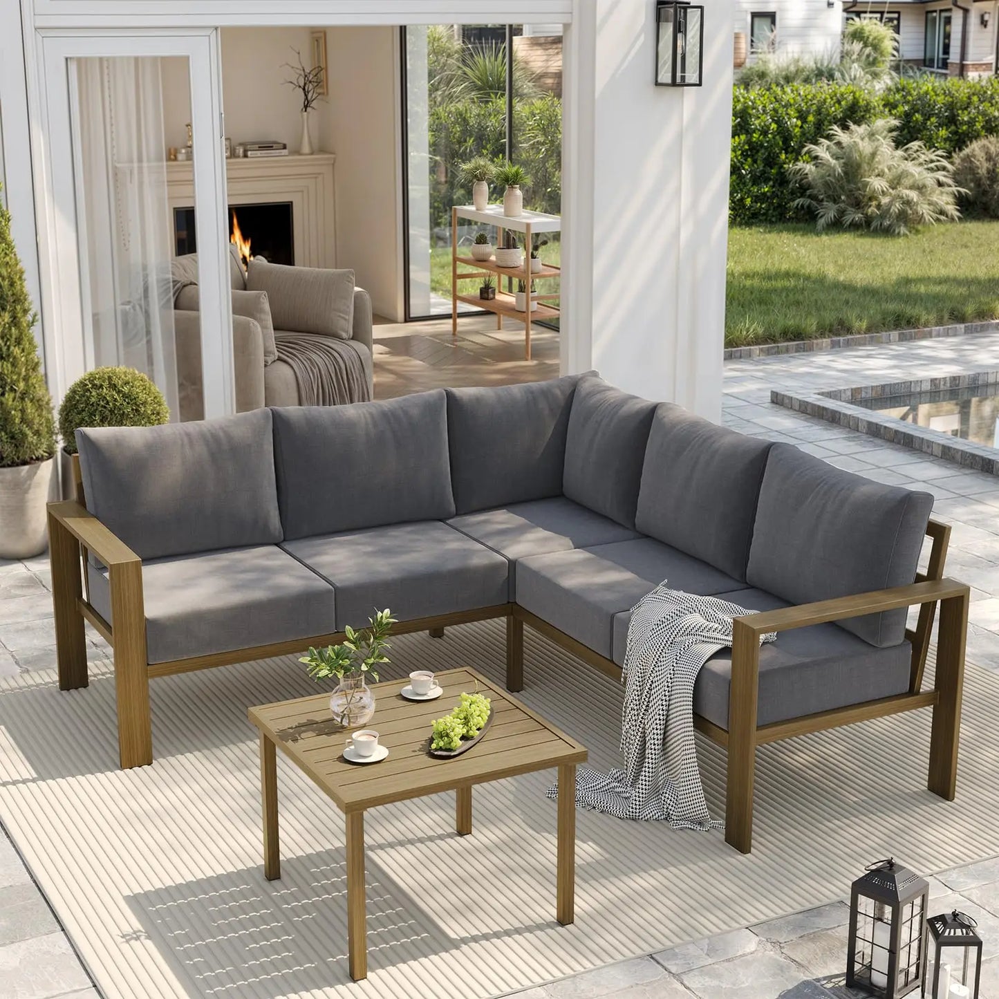 6 Piece Patio Furniture Set, Faux Wood Metal Outdoor Sectional Sofa with 6" Thick Olefin Cushions, Backyard Dark Grey