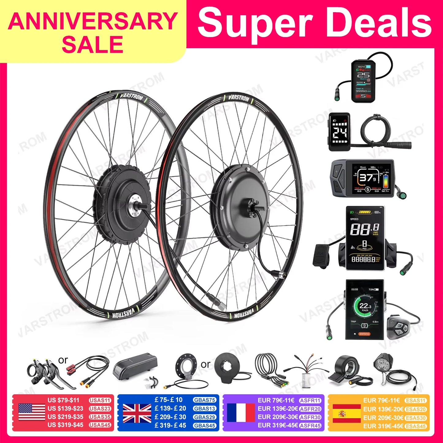 [3 Day Delivery] Varstrom 1000W 1500W 48V Wheel Hub Motor  Electric Bicycle Conversion Kit eBike Rear Front Drive Engine For MTB