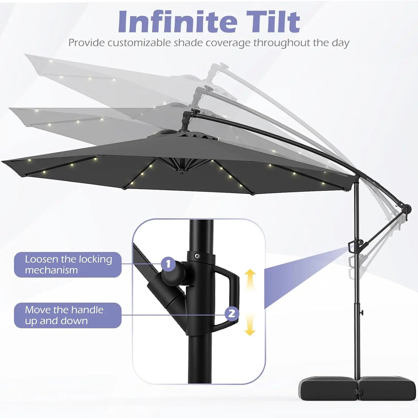 10ft Solar Patio Umbrella with Base Included, Offset Cantilever Outdoor Umbrella with 32 LED Lights, Infinite Tilt,, Customized